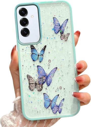 Image of VONZEE for Samsung Galaxy A35 5G Clear Glitter Butterfly Case, Cute Bling Sparkle Shiny Soft Silicone TPU Bumper Shockproof Women Girls Slim Protective Phone Cover for Galaxy A35 5G, Mint