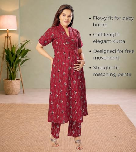 Image of Momenta Women's Pure Cotton Maternity Kurta Set | Feeding Kurti with Concealed Zippers | Maternity Dress for Pre & Post Pregnancy