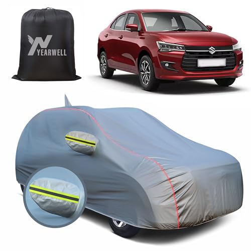 Image of Car Body Cover for Maruti Dzire (2017-2024), 100% Waterproof, Heat-Resistant with Mirror & Antenna Pockets, Soft Cotton Lining, Triple Stitched, Green Reflector (Metallic Grey)