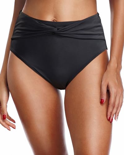 Image of Holipick Womens Black Full Coverage Bikini Bottoms High Waisted Bathing Suit Bottom Twist Front Swimsuit Bottom XL