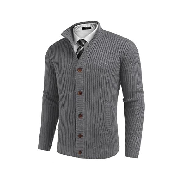 COOFANDY Men's Cardigan Sweaters Stand Collar Button Down Ribbed Knitted Sweater with Pockets Gray