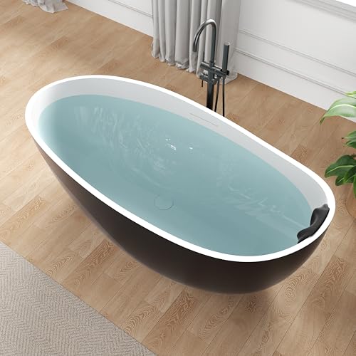 ANZZI 67 in. x 32 in. Freestanding Bathtub | Oval Shaped Stone Resin Flat-Bottom Tub with Deep Soaking, Ergonomic Headrest, Center Drain, and Overflow â€“ White with Black Skirt