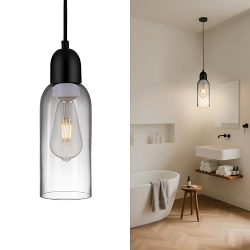 Nwaprh Modern Pendant Lights, Smoked Grey Glass Hanging Lamp with Matte Black Finish...