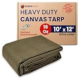 Tarps Now 10x12 ft Heavy Duty Canvas Tarp, 36 Mil, 16 Oz Industrial Grade Fabric with Stainless Steel Grommets, Reinforced Edges, Waxed Canvas Drop Cloth for Outdoors, Automotive, Construction & More