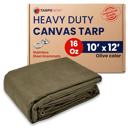 Tarps Now 10x12 ft Heavy Duty Canvas Tarp, 36 Mil, 16 Oz Industrial Grade Fabric with Stainless Steel Grommets, Reinforced Edges, Waxed Canvas Drop Cloth for Outdoors, Automotive, Construction & More
