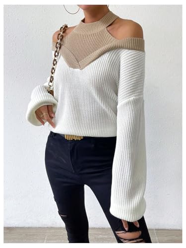 Milumia Women's Fall Color Block Off The Shoulder Crew Neck Long Sleeve Knitted Pullover Sweater4