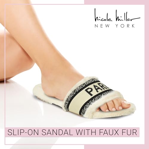 Nicole Miller Paris Flat Slide Slippers for Women, Chic Faux Fur Lined Sandals - Fashionable Women's Slippers Perfect for Indoor & Outdoor Use - Stylish Gifts for Women2
