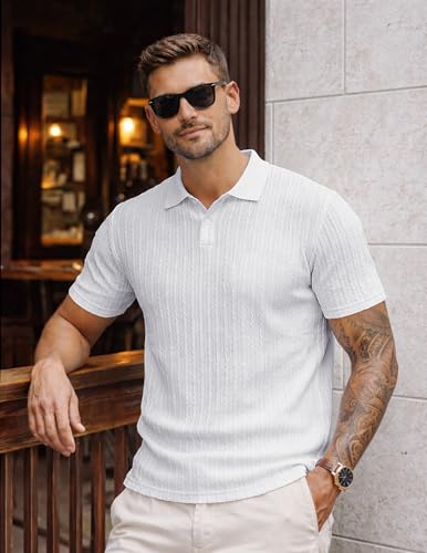 Image of JMIERR Mens Casual Polo Shirt Summer Short Sleeve Vacation Button Beach Knit Stretchy Golf Shirts