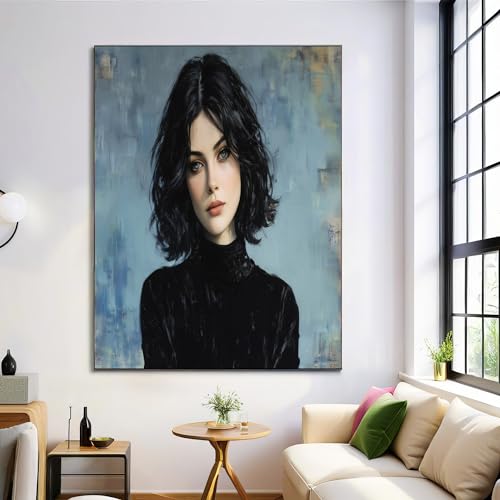 Tableau peinture à l'huile réaliste fille noire pull col roulé GDJSMIN 80x120 cm