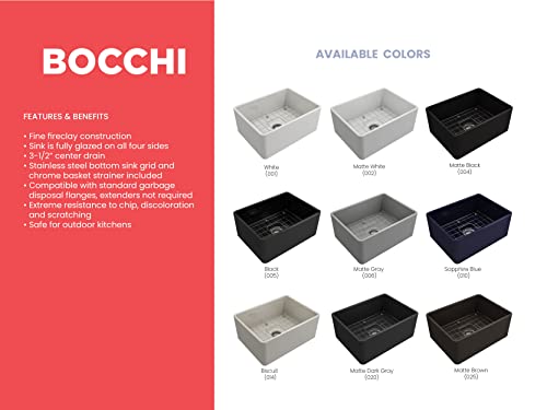 Bocchi Classico Farmhouse Apron Front Fireclay 24 In. Single Bowl Kitchen Sink With Protective Bottom Grid And Strainer In M.gray #TOP5