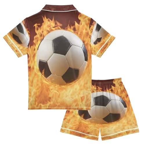 ALAZA Fire Soccer Stylish Football Satin Pajamas Set Short Sleeve Button Down Sleepwear Summer Pjs 2 Piece2