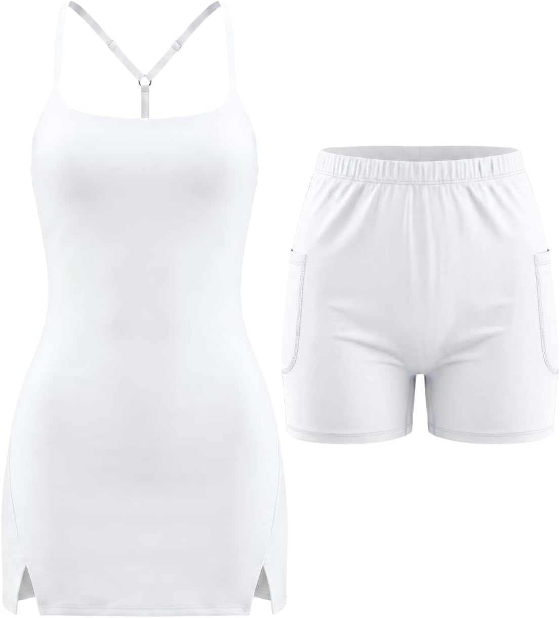 QINSEN Two Piece Womens Spaghetti Strap Tennis Dress with Shorts Racer Back Workout Golf Dresses