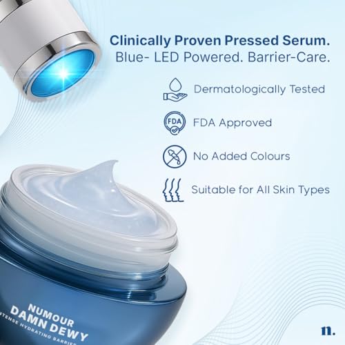 Image of Numour Damn Dewy Face Moisturiser | 7% Hyaluronic Acid | Deep Hydration, Barrier Repair | Blue LED Massager for Enhanced Absorption | 30g | All Skin Types