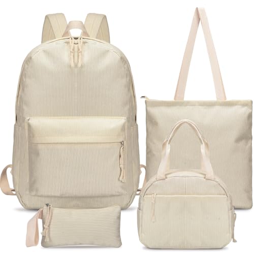 4 Pcs School Backpacks for Teen Corduroy Backpack Set with Lunch Storage Bag Shoulder Bag and Pencil Case Middle High School College Backpack Schoolbag, Durable Lightweight Travel Daypacks