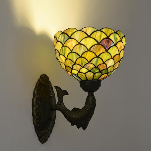 Image of Green Fish Scales Tiffany Wall Sconce 8 inch Stained Glass Wall Light with E26 Base Vintage Art Deco Wall Lamp for Bedroom Hallway Living Room Home Office