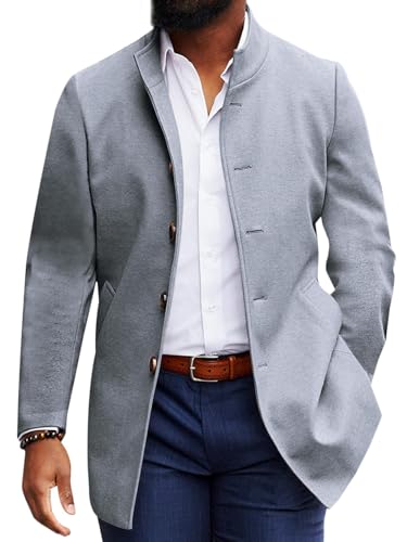 Makkrom Mens Casual Overcoat Winter Single Breasted Stand Collar Business Peacoat Warm Lapel Topcoat Grey