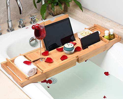 Fancylovesotio Bamboo Bathtub Tray Caddy Tub Organizer Bathroom Tray Expandable with Cellphone and Wine Holder for Luxury Bath or Reading