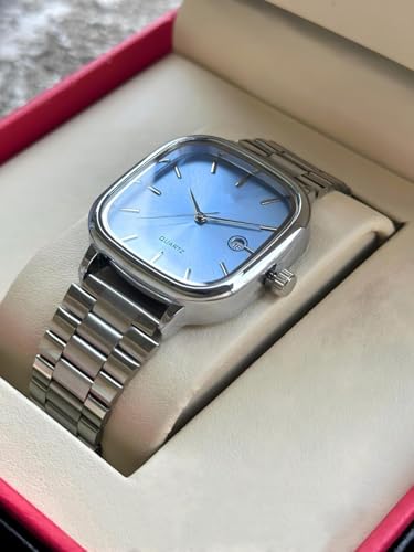 Image of Minimalist Men's Square Dial Watch with Date | Comfortable Stainless Steel Quartz Analog Wristwatch | Casual & Formal Timepiece