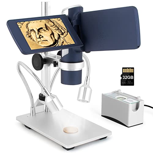 Image of LM203S 4 inch HDMI Digital Microscope, Portable Coin Microscope Full View of Coins, 800X Handheld Coin Magnifier Magnifying with Light, Wireless USB Microscope with Metal Stand, 5pcs Microscope Slides