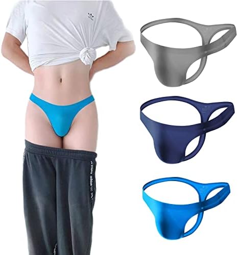JESIFOF Men's Ice Silk Thong Seamless Underwear U Bulge Pouch Breathable Azure/Navy/Grey 3 Pack (XXL)