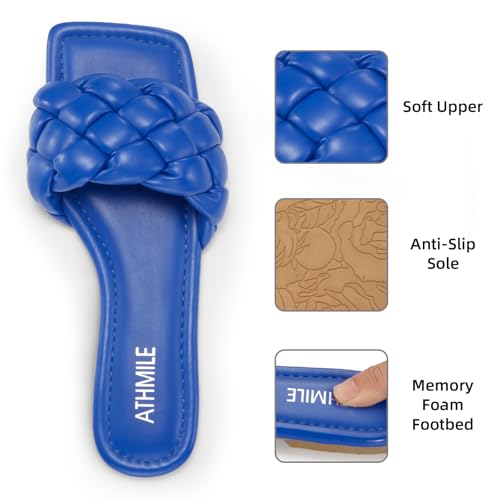 Image of ATHMILE Braided Womens Sandals 2026 Square Open Toe Fashion Slide Sandals | Women Summer Flat Sandals,Soft Leather,Slip on Shoes,Dressy,Causal,Beach,Vocation,Size 6-11