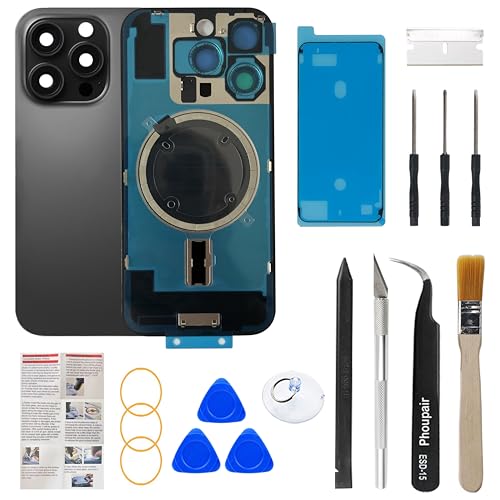 Phoupair OEM Back Glass Replacement Compatible with iPhone 16 pro 6.3 Inches with Camera Frame and Camera Lens + Professional Repair Tool Kit and Installation Instruction (Black Titanium)