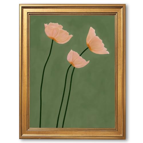 Blush Pink Poppies Canvas Wall Art Framed Botanical Flower Picture Poster Minimalist Floral Print Olive Green Nature Painting Cottagecore Farmhouse Decor Artwork for Bathroom Living Room 8x10inch