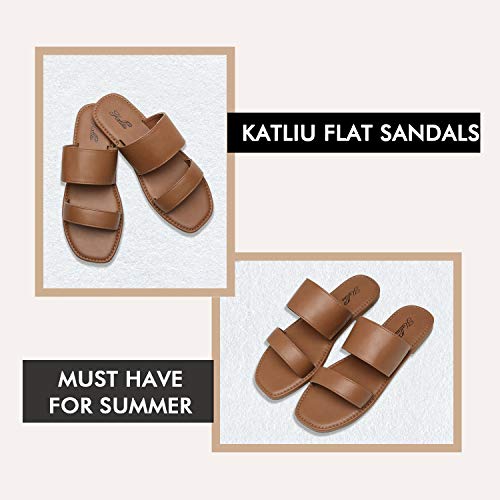 Katliu Women's Flat Sandals Two Strap Slide Sandals Open Toe Brown #TOP5
