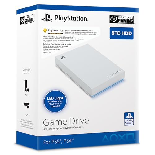 Seagate Game Drive PS4/PS5 5TB, disco duro externo portátil, 2,5, USB 3.0, blanco, LED azul, Plug and Play (STLV5000202)