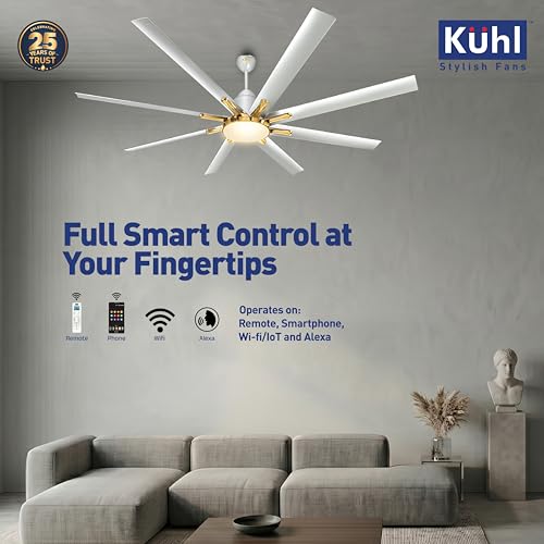 Image of KUHL Polariz Gold 72 1800mm Stylish 65% Power Saving BLDC Ceiling Fan With Remote|Down Light|Low Noise| IoT -Operate via Mobile & Alexa |Reverse Mode |Free Installation|Silver