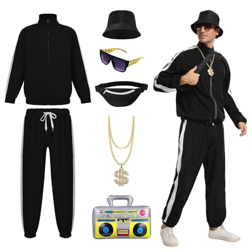 NFAUEIK 80s Tracksuit for Men 90s Hip Hop Outfi Retro Rapper Windbreaker Costume for Disco Party. (Black XL)