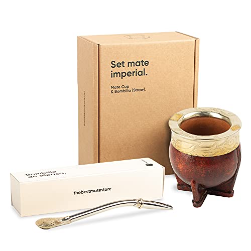 TheBmate [Imperial Premium Set] Yerba Mate Cup - Crafted Ceramic Teacup â€“ Coppery Brown Leather Wrapped Handmade in Uruguay - Set Mate Imperial with German Silver Bombilla Straw and Cleaning Brush