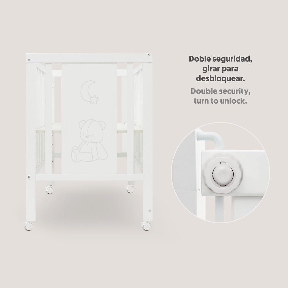 Interbaby Cuna Bebé Colecho Convertible 124x63 cm | Cuna Evolutiva de Madera con Lateral Abatible, Altura Regulable y Ruedas con Freno | Cuna Convertible en Escritorio y Sofá | Blanca Bear Basic