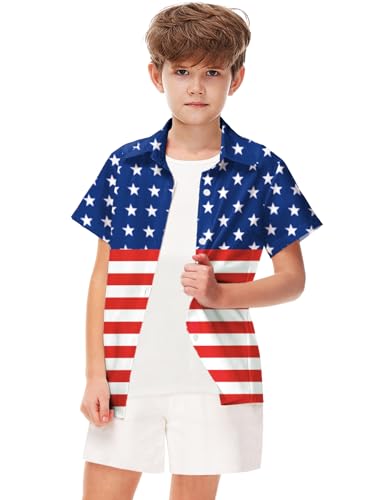 Image of Remimi Unisex Kids 4th of July Button Up Shirt Boys American Flag Print Hawaiian Beach Short Sleeve Tops 5-14 Years