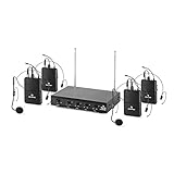 auna VHF-4-HS - 4-Kanal VHF-Funkmikrofon Set, Funk-Mikrofon System, 4 x kabelloses Headset Mikrofon, 50 m Reichweite, Lautstärkeregler, LED, lange Betriebszeiten, Klinken-Ausgänge, schwarz