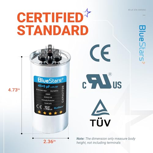 45 + 5 MFD uf 370 or 440 Volt VAC Round Dual Run Capacitor by Blue Stars - Compatible for Air Conditioner or Heat Pump Condenser