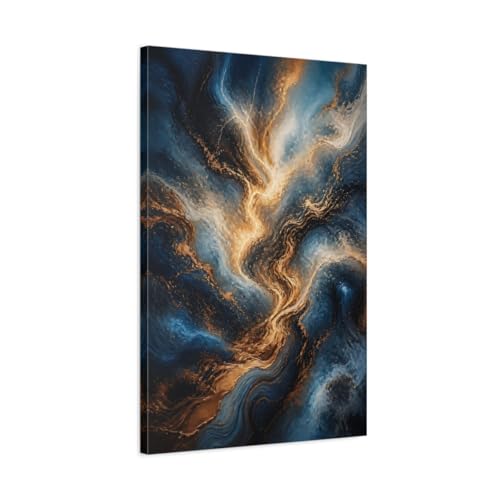 Tableau salon moderne : grande toile abstraite bleu et or contre les murs vides