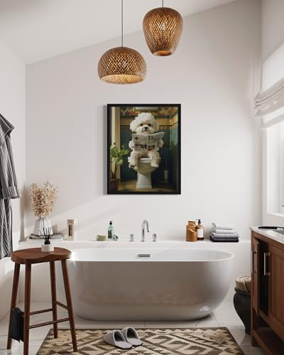 Image of Maltese on Toilet Black Framed Wall Art Print Poster, Dog Bathroom Humor Decor Posters Prints for Restroom Home Picture Painting Artwork Gallery 7 (Maltese, 18 x 24 inches, Black Frame)
