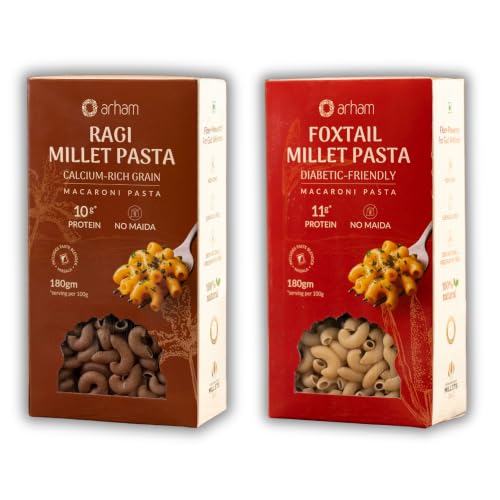 Image of Arham Organic Foxtail & Ragi Millet Pasta Combo 2 x 180g | Healthy No Maida Pasta | High Fiber & Protein | Non-GMO, No Preservatives | Easy & Quick to Cook