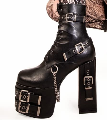 DETOGNI Women's Gothic Silver Eyelets Buckles Straps Block High Heel Lace Up Booties Punk Hanging Chain Zipper Sexy Chunky Platform Ankle Boots2