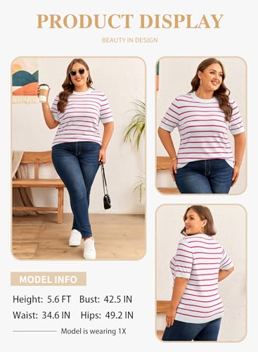 Image of Eytino Women Plus Size Sweater Tops Short Sleeve Crewneck Striped Tshirts Casual Summer Blouses Shirts(1X-5X)