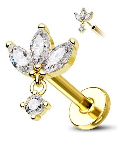 COCHARM Silver Gold Dangling Lotus Helix Tragus Earring Stud 16g 6mm Threadless Cartilage Earring Flat Back Flower Helix Cartilage Piercing Short Bar Helix Jewelry