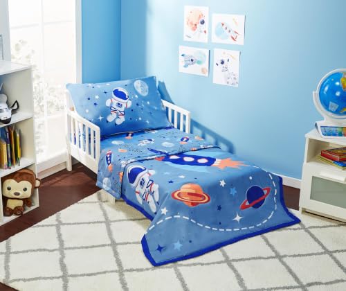 Image of EVERYDAY KIDS 4 Piece Toddler Bedding Set - Outer Space Adventures - Includes Comforter, Flat Sheet, Fitted Sheet and Reversible Pillowcase