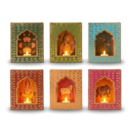 Image of JH Gallery Multicolour Paper Jharokha Diya Set with LED Candles, DIY Wall Decor for Diwali, Ganpati, Navratri, Pooja Room, Mandir & Festival Decoration (Pack of 6)