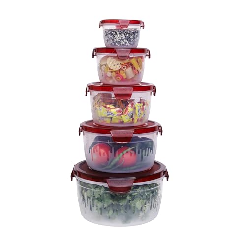 Image of PEARLPET PP Container Circular Plastic Food Storage Container with Air Tight Lid | Fridge & Freezer Dabba Containers, Fruit Box Set of 5, Red (300ml, 600ml, 1200ml, 1800ml and 3000ml)