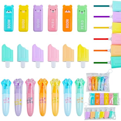 BXUUXA 36 Stück Mini Textmarker Set mit Bär Katzenpfote und Eis Design 18 Süße Leuchtmarker in 6 Pastell Farben Highlighter Stift Leuchtstifte für Kinder Erwachsene Geschenk für Party Mitgebsel