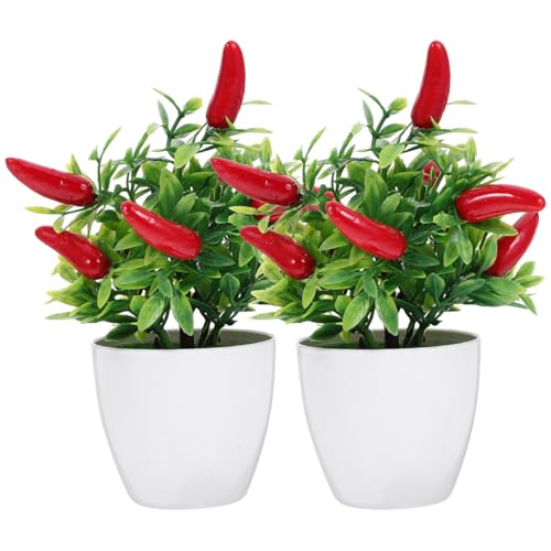 BESTOYARD Artificial Chili Tree Bonsai 2-Pack Mini Faux Pepper Plants for Kitchen Decor Desk Display Photography Props Simulated Potted Pepper Tree 3.5X4.1X7.1In