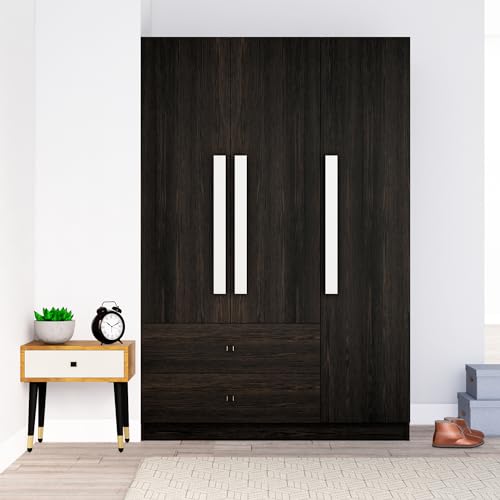 Image of Bniture Wooden Almirah for Clothes, Door for Bedroom, 3 Door Wardrobes with 2 Drawer & Hanging Space (40D x 120W x 180H CM) | 3 Year Warranty (Flower Wenge)
