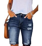 LONGYIDA 2025 Denim Bermuda Shorts for Women Stretch Distressed Cuffed Hem Jeans Short with Pockets