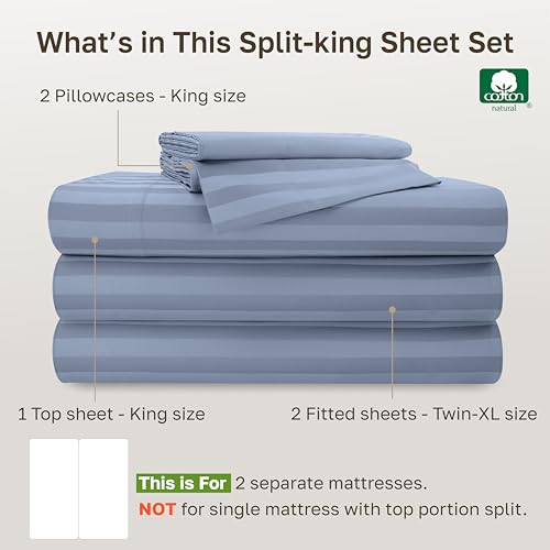 Image of Luxury Split King Sheets Set For Adjustable Bed, 100% Cotton 500 Thread Count Sateen, Snug Fit, Set with Twin-XL Fitted Sheets, Damask Stripe Bedsheets (Split King, Stripe - Light Blue)